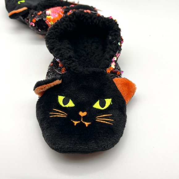 HYDE and EEK BOUTIQUE Cute Sequin Cat Slippers Sz M/L 8-10 Black Orange Grippers - Picture 2 of 5